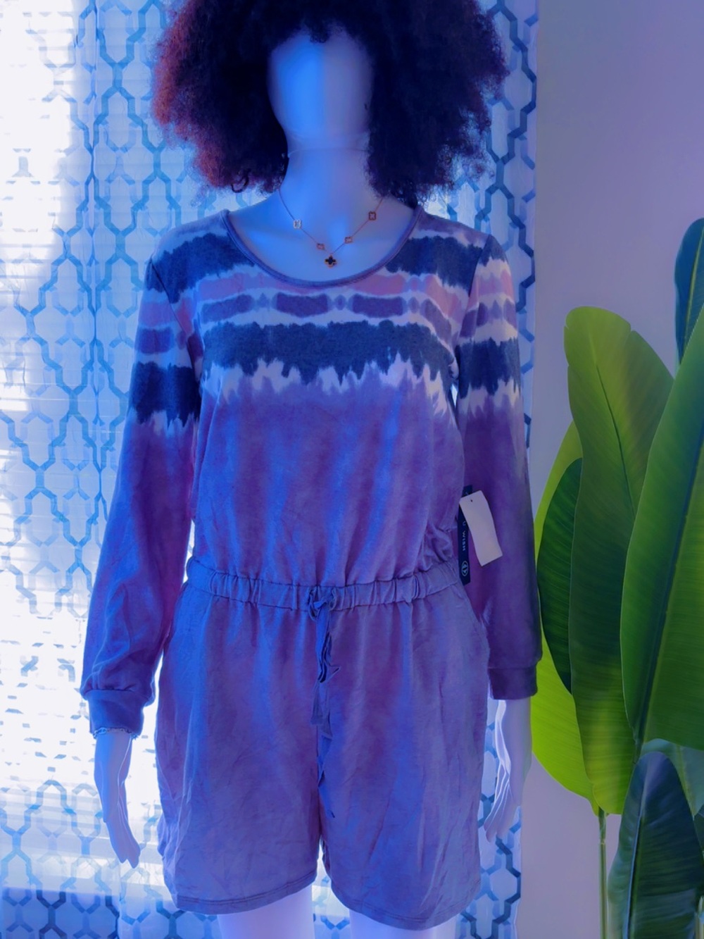 Tie-Dye Long Sleeve Romper with Drawstring Waist - Picture 1 of 4